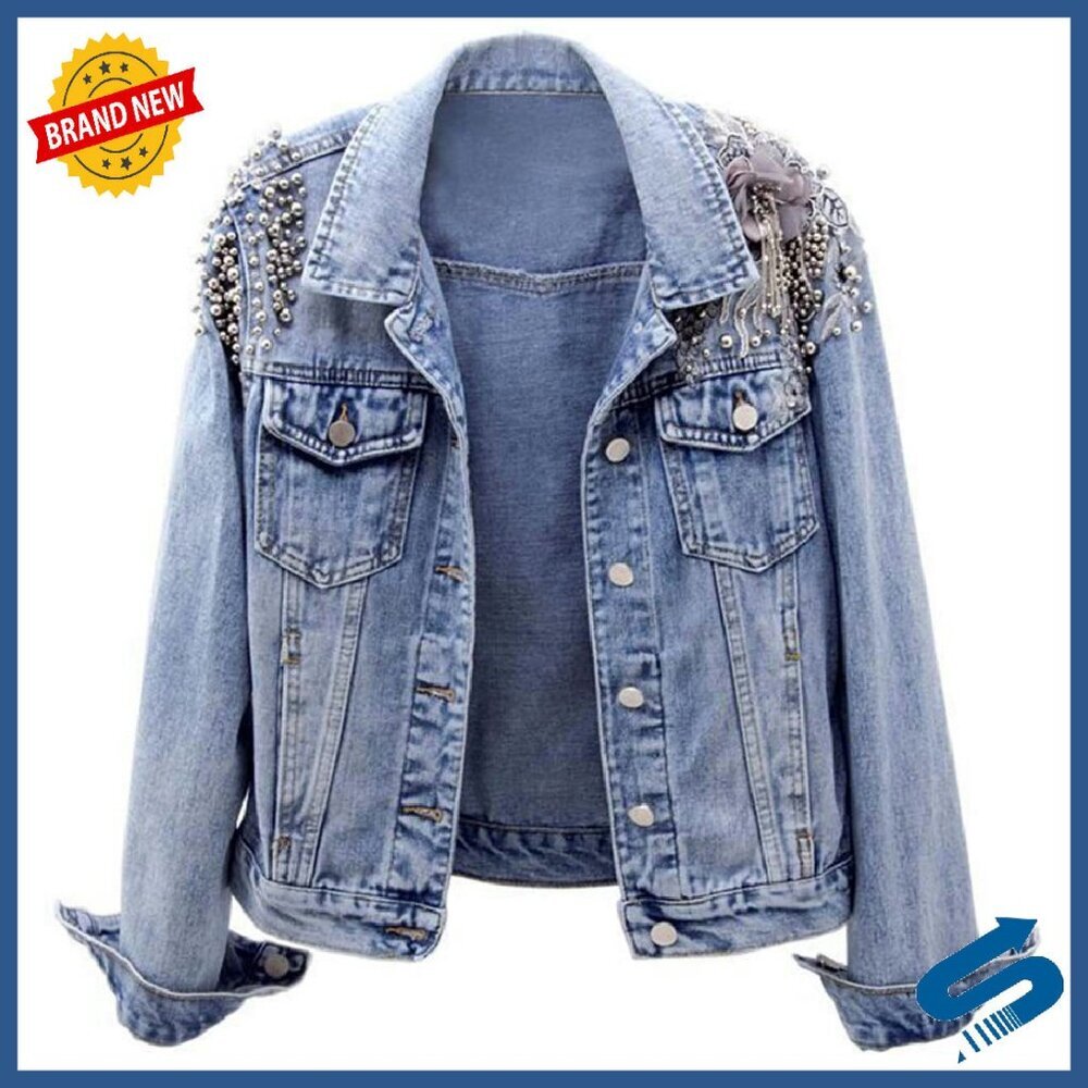 Oversized Denim Jacket with Studs, Western Style, Long Sleeve